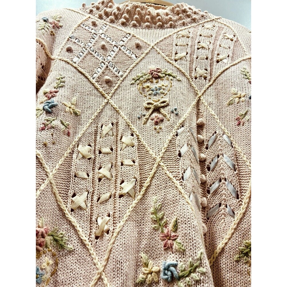 Vintage Laura Gayle Ramie Cotton Floral Ribbon Knit Sweater L Cottagecore